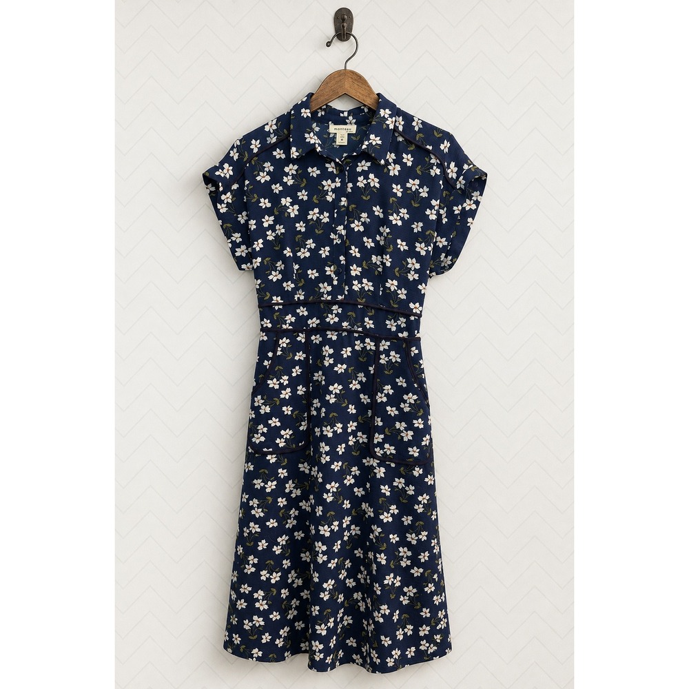 Monteau Floral Shirt Dress Navy Blue Short Sleeve Midi Pockets Size M